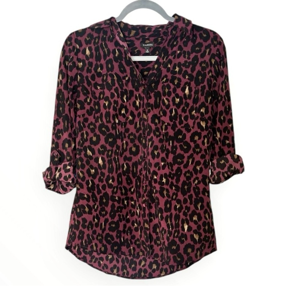 Talbots Women’s Purple Leopard Print Button Up Top Roll Tan Sleeves Medium - Picture 1 of 3